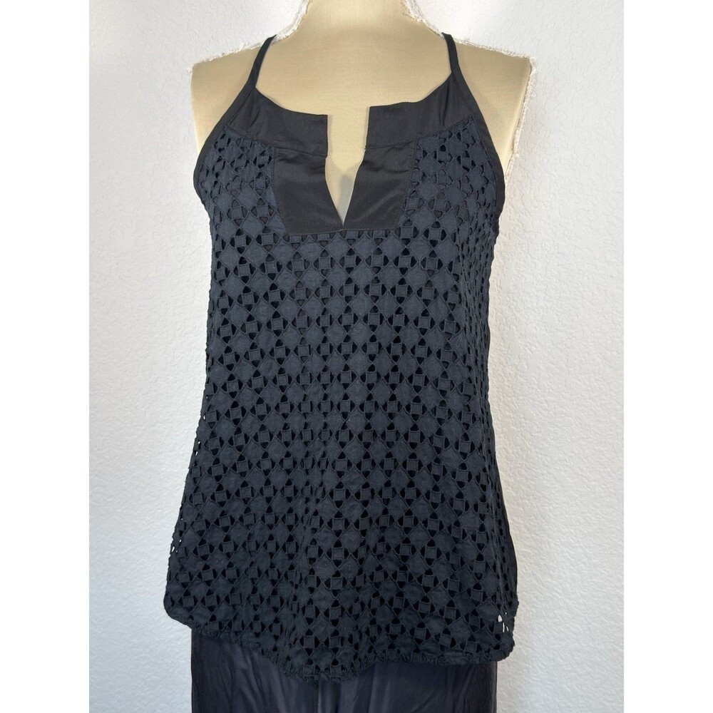 Athleta Dunes Eyelet Tank Top Women Small Black Tassel Tie Halter Boho Lace